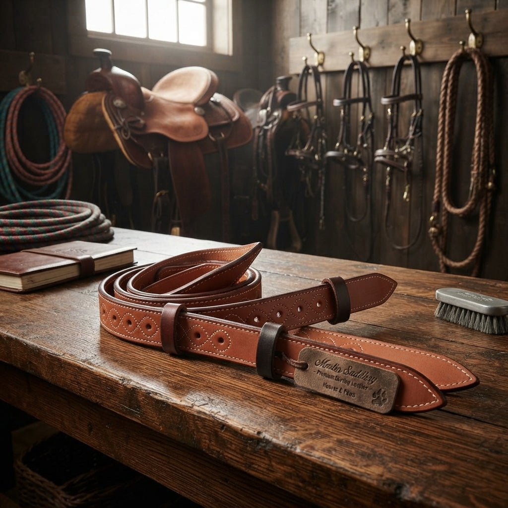 Lifestyle photo of Martin Saddlery Flank Billet - Heavy-Duty Natural Skirting Leather, Doubled and Border-Stitched - Multiple Colors