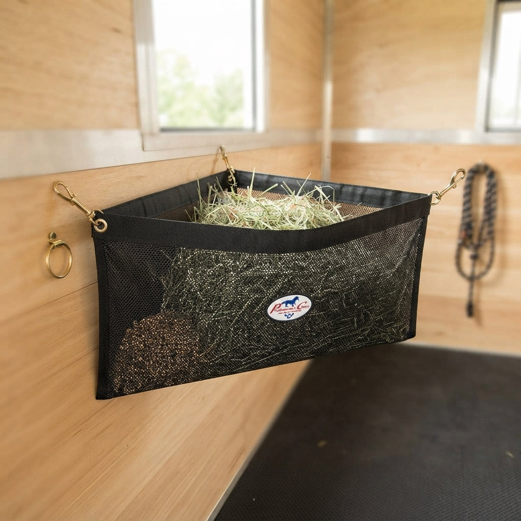 Lifestyle photo of Professional's Choice Equine Trailer Corner Feeder - 33" x 26" x 23" x 11" - 1000D Mesh