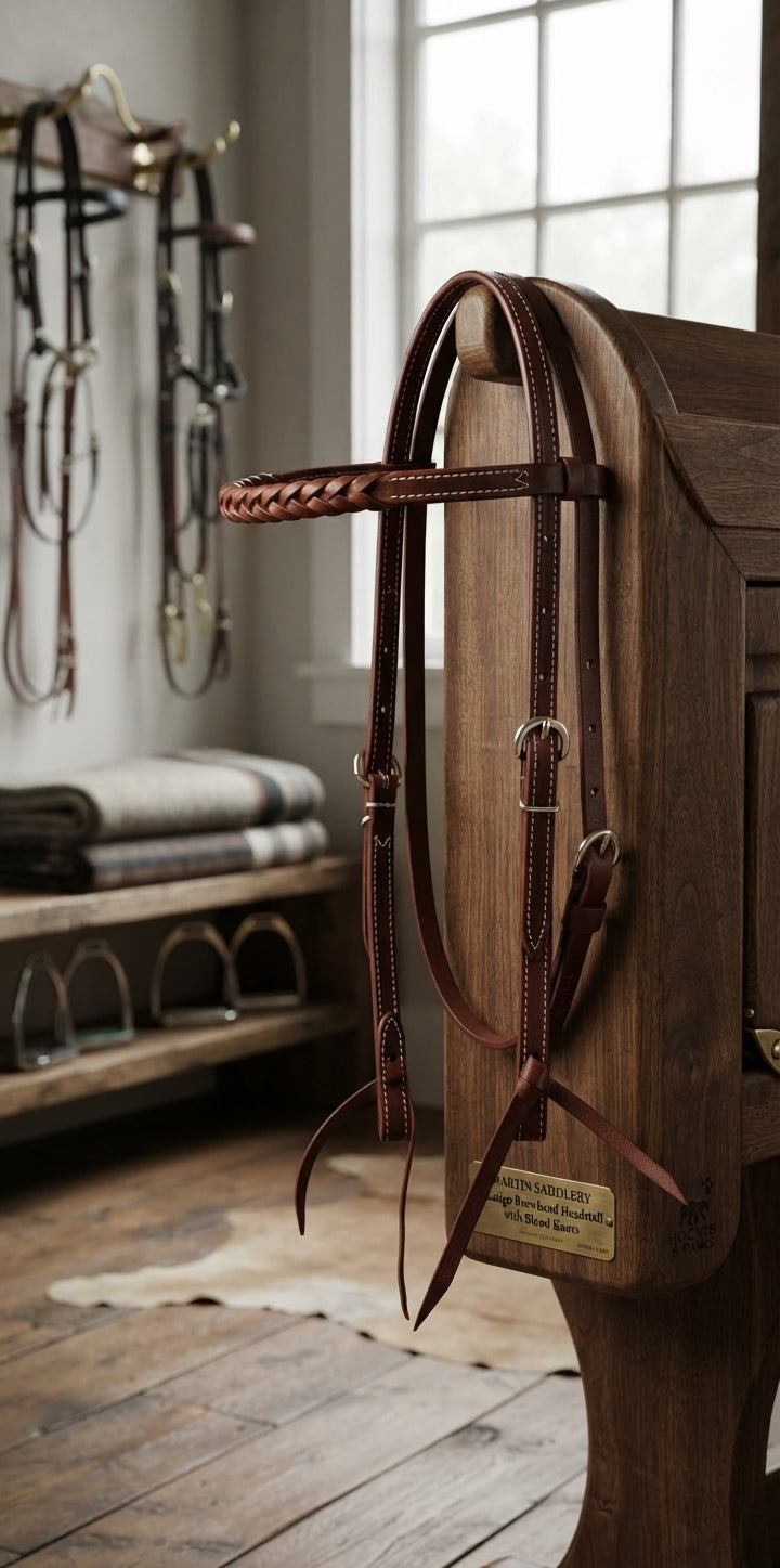 Lifestyle photo of Martin Saddlery Latigo Browband Headstall with Blood Knots