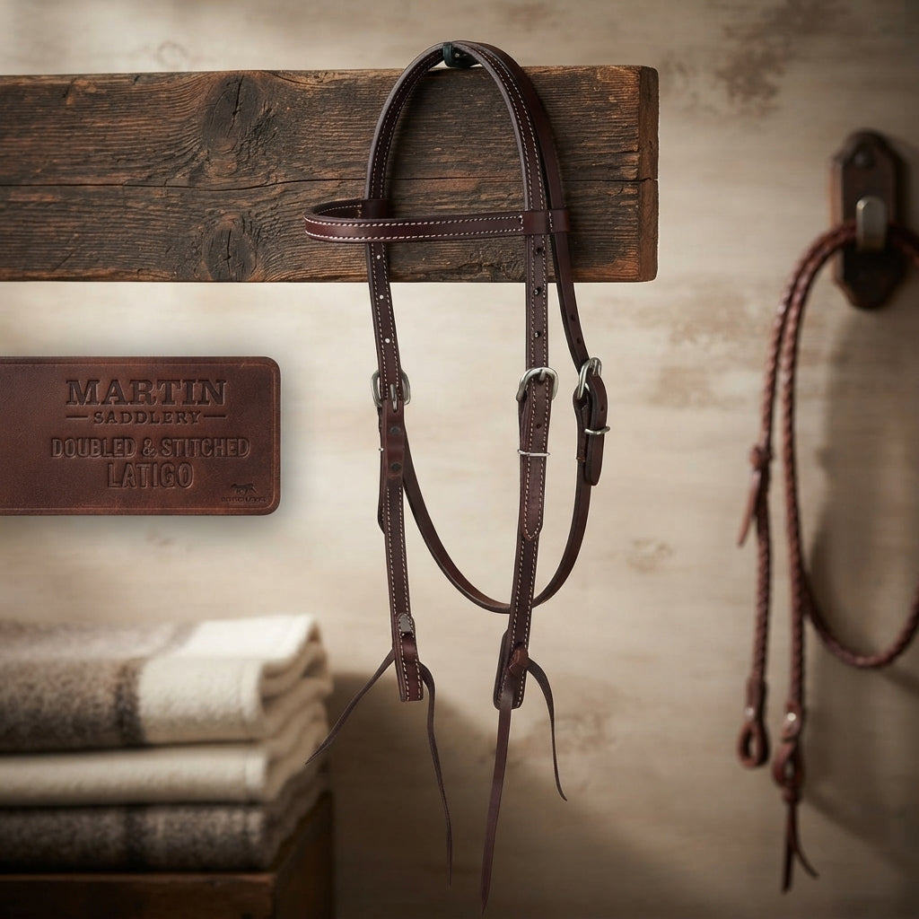 Lifestyle photo of Martin Saddlery Doubled & Stitched Latigo Slip Ear Headstall