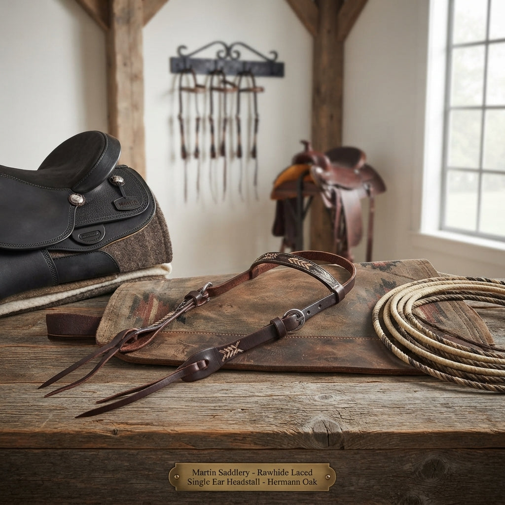 Lifestyle photo of Martin Saddlery Rawhide Laced Single Ear Headstall - Hermann Oak