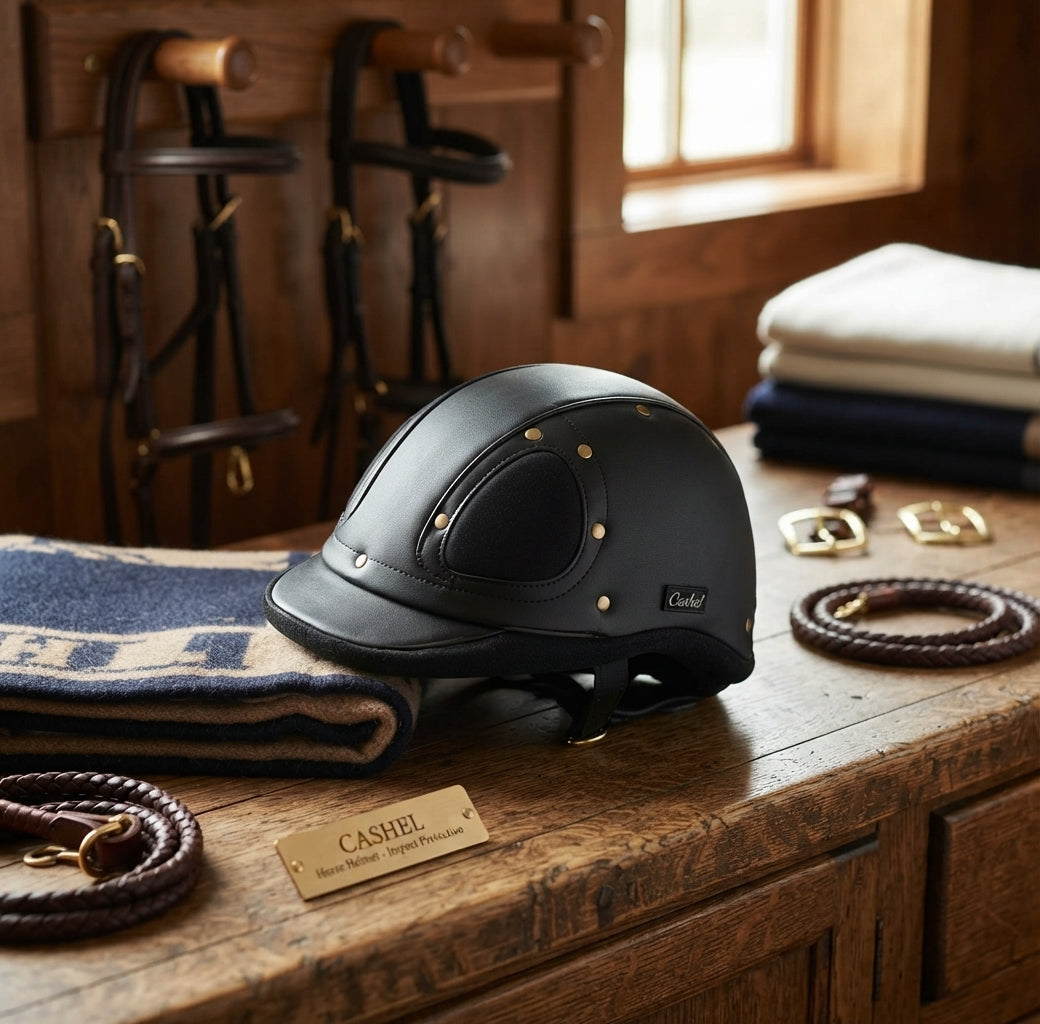 Lifestyle photo of Cashel Horse Helmet - Black, One Size Fits Most - Impact Protection for Trailering, Loading, and Stable Safety