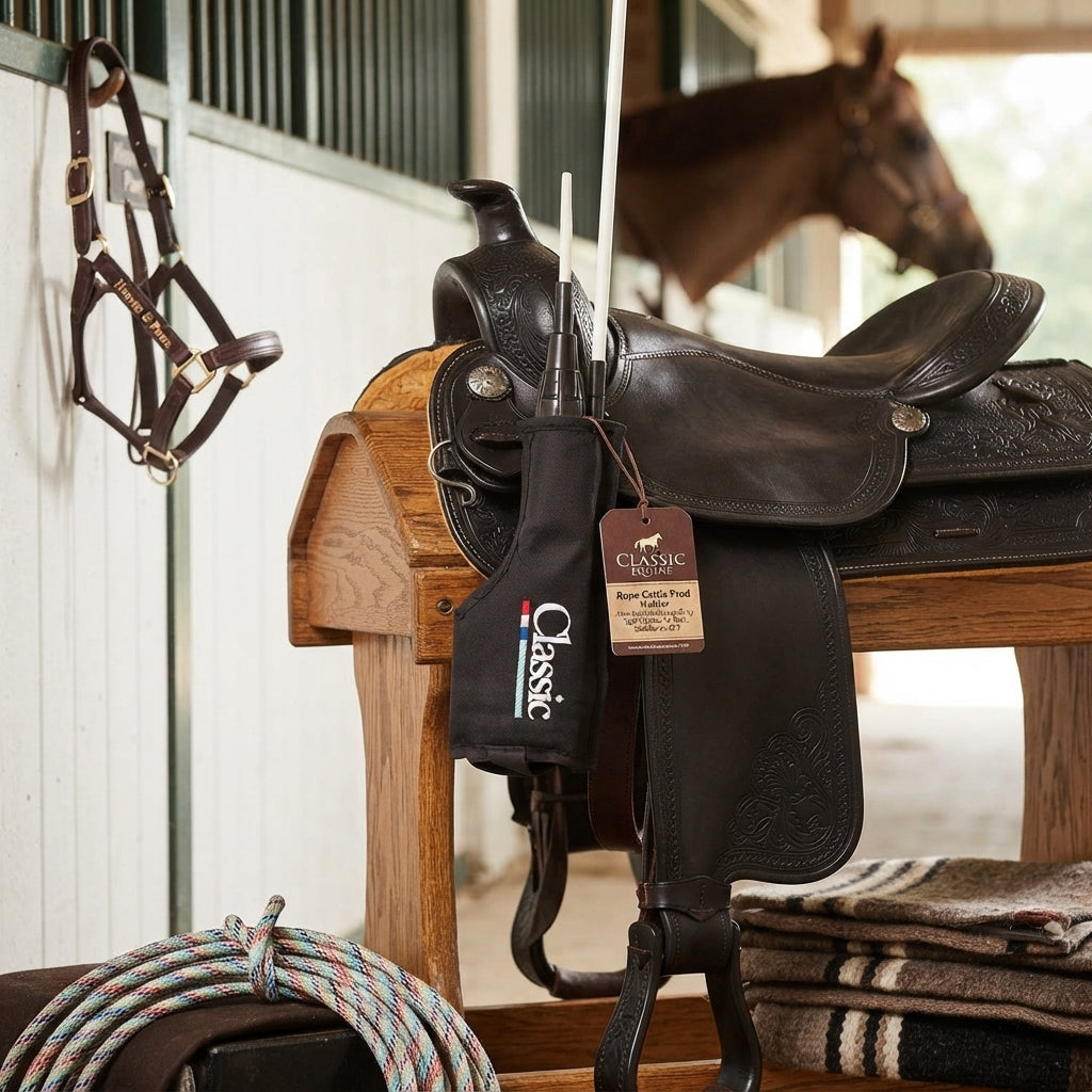Lifestyle photo of Classic Equine Rope Cattle Prod Holder - Handcrafted Heavy-Duty Tool Holster for Belt, Saddle, or ATV