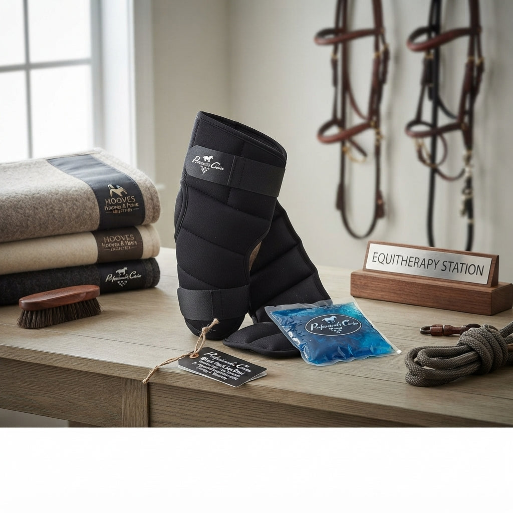 Lifestyle photo of Professional's Choice Black Hock Ice Boot - Standard Size for Targeted Equine Cold Therapy & Recovery