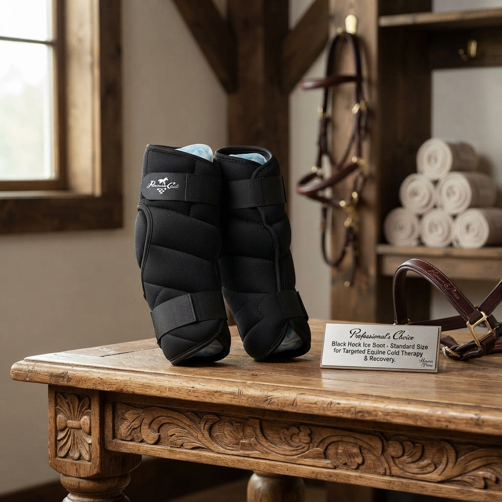 Lifestyle photo of Professional's Choice Black Hock Ice Boot - Standard Size for Targeted Equine Cold Therapy & Recovery