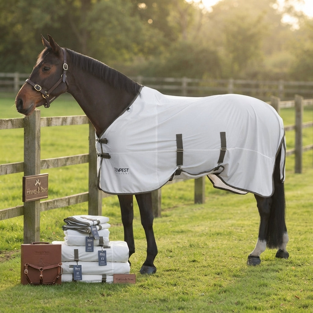 Lifestyle photo of Shires Tempest Original Standard Neck Fly Sheet - Breathable Mesh Protection - White/Khaki - Multiple Sizes