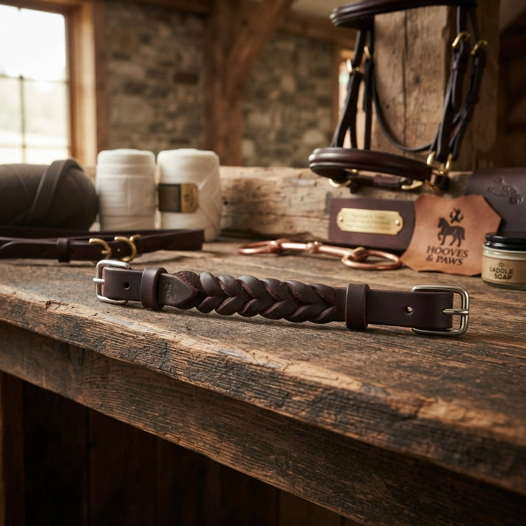 Lifestyle photo of Martin Saddlery Curb Strap with Blood Knots - Premium Latigo Leather & Stainless Steel Buckles