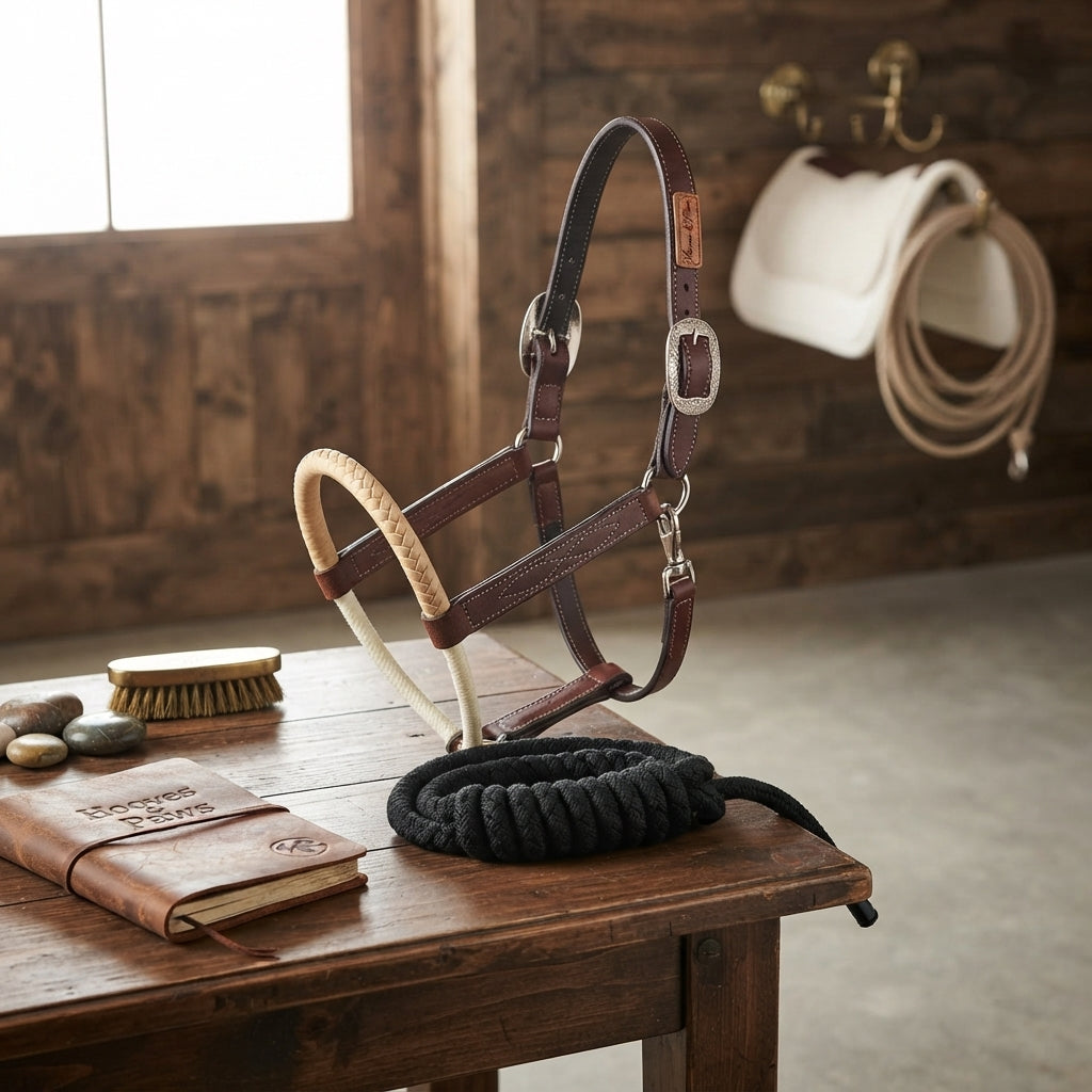Lifestyle photo of Professional's Choice Double Rawhide Roughout Halter with Lead