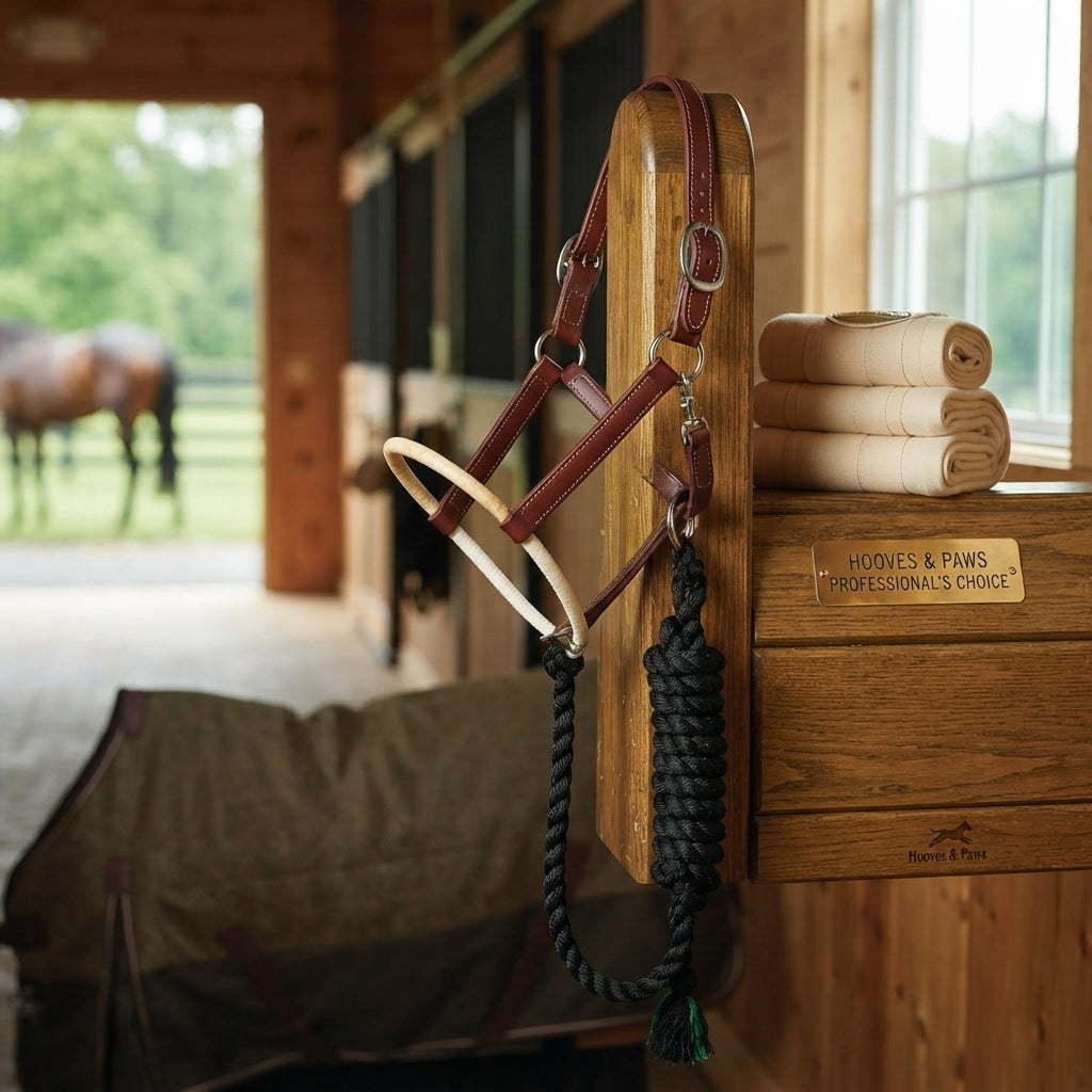 Lifestyle photo of Professional's Choice Rawhide Nose Leather Halter with Lead