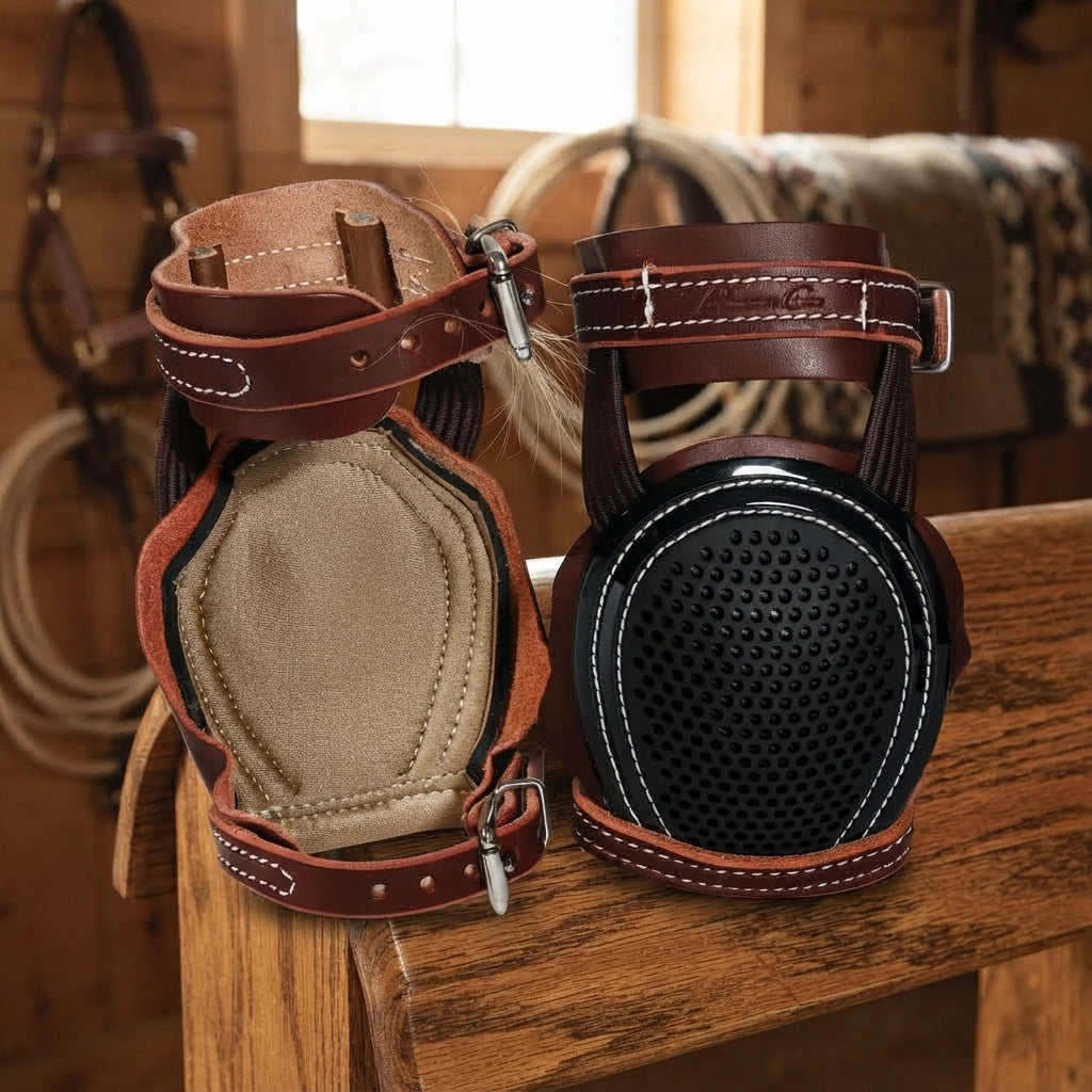Lifestyle photo of Professional's Choice Leather Horse Skid Boots - Heavy-Duty Latigo Leather Hind Leg Protection for Reining and Roping