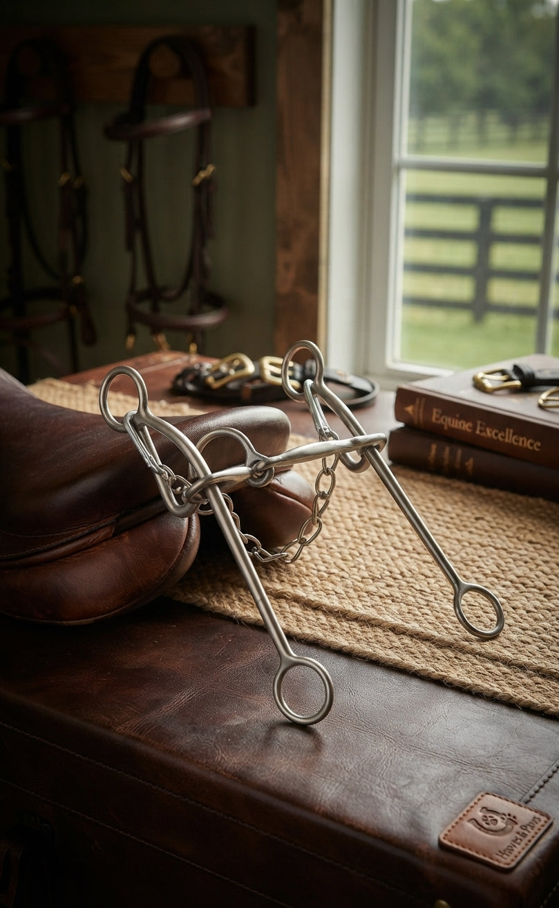 Lifestyle photo of Classic Equine Les Vogt Shank Barrel Bit - 8.5" Shank, Smooth Bar Port Mouthpiece