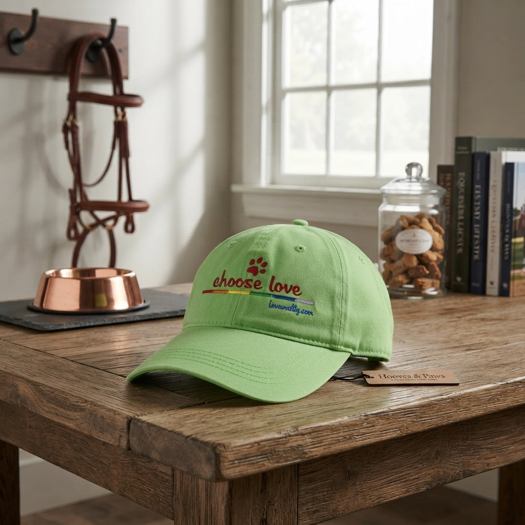 Lifestyle photo of Choose Love Embroidered Rainbow Baseball Hat LoveWally Cap Adjustable