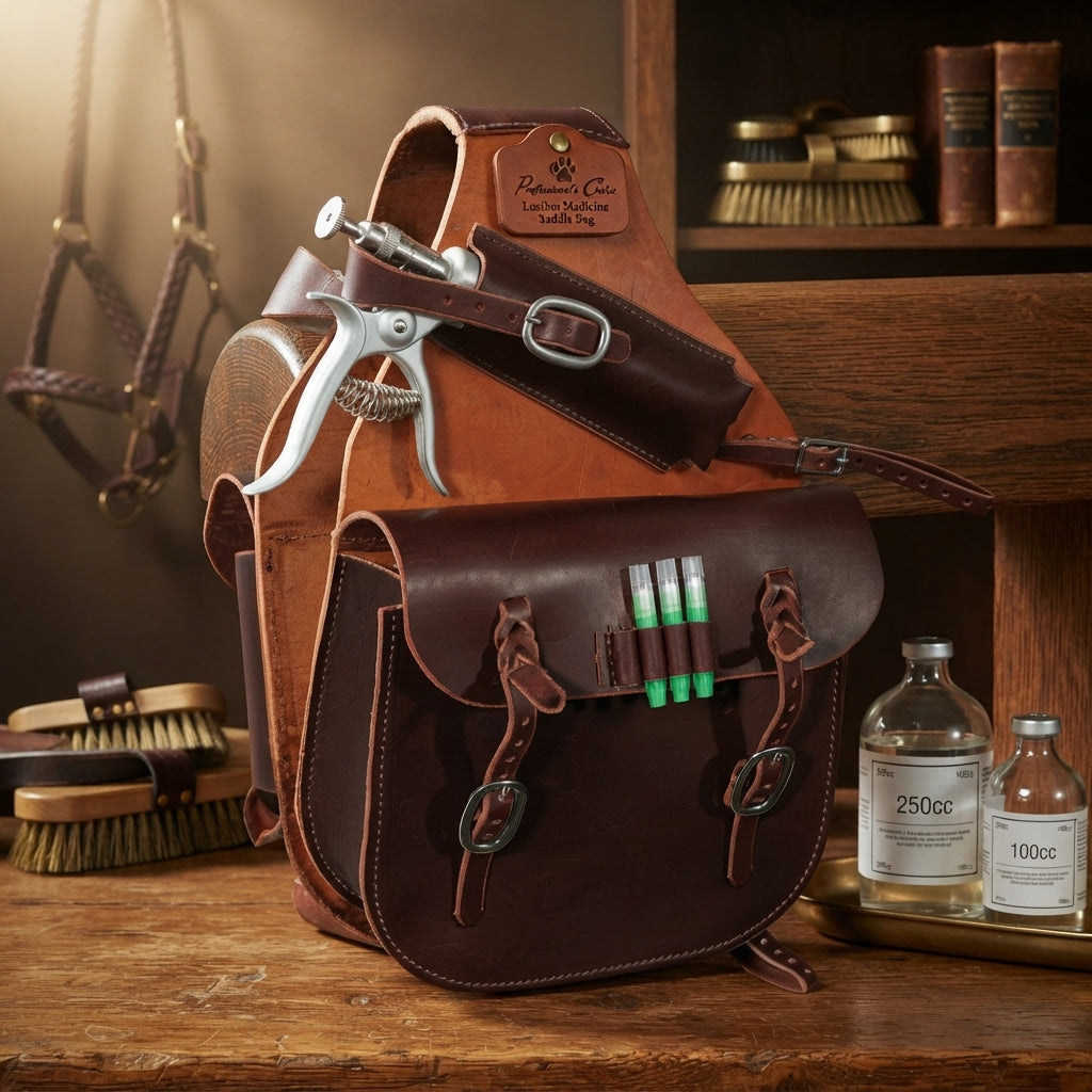 Lifestyle photo of Professional's Choice Leather Medicine Saddle Bag - 9-11 oz Latigo Leather, Holds 250cc & 100cc Bottles