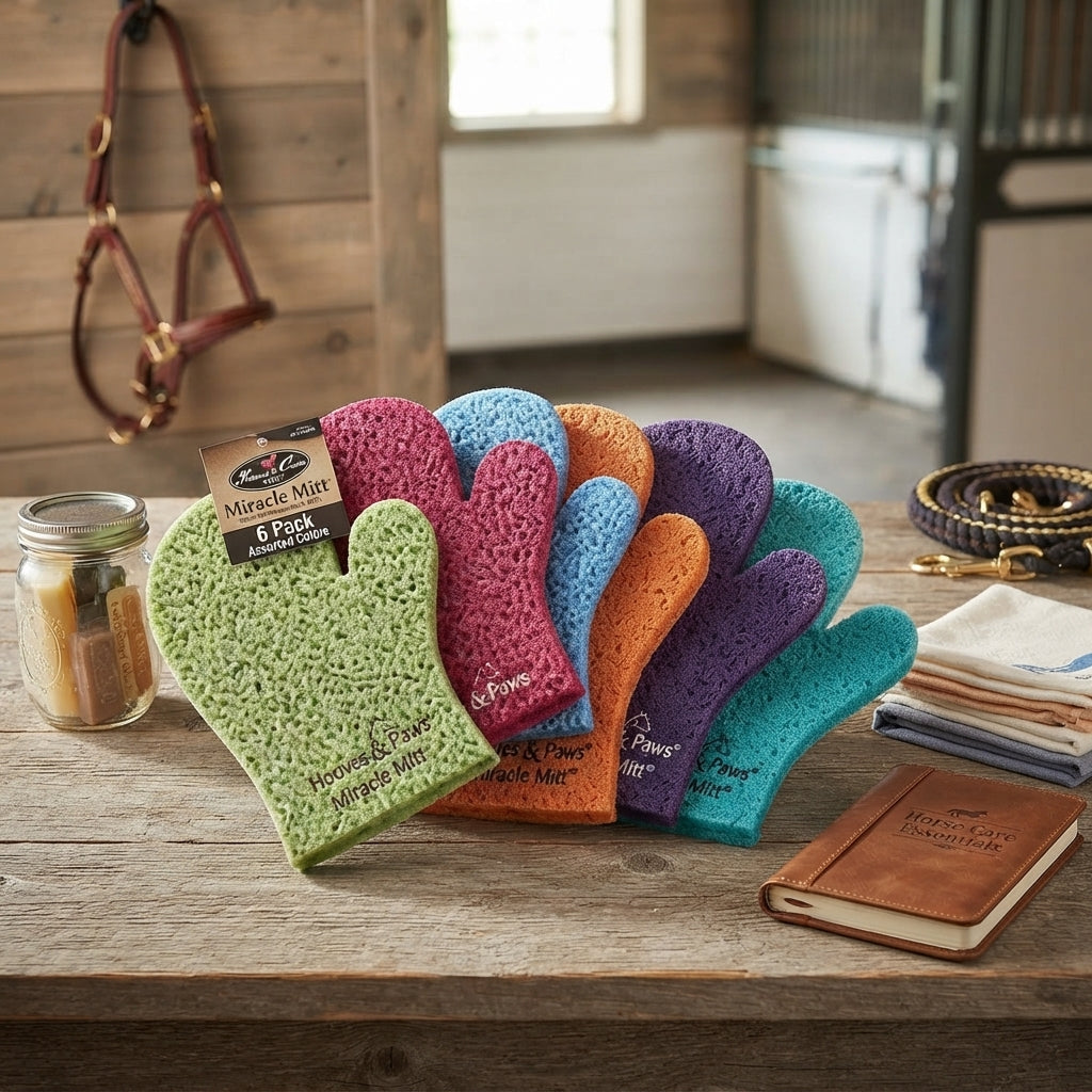 Lifestyle photo of Professional's Choice Miracle Mitt Horse Grooming Wash Mitts - 6 Pack Assorted Colors - One Size