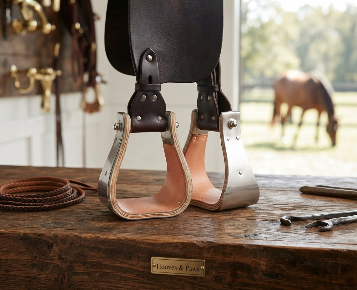 Lifestyle photo of Martin Saddlery Metal Bound Wood Stirrups - 4" Deep Base, Stainless Steel Bound, Leather Lined Tread
