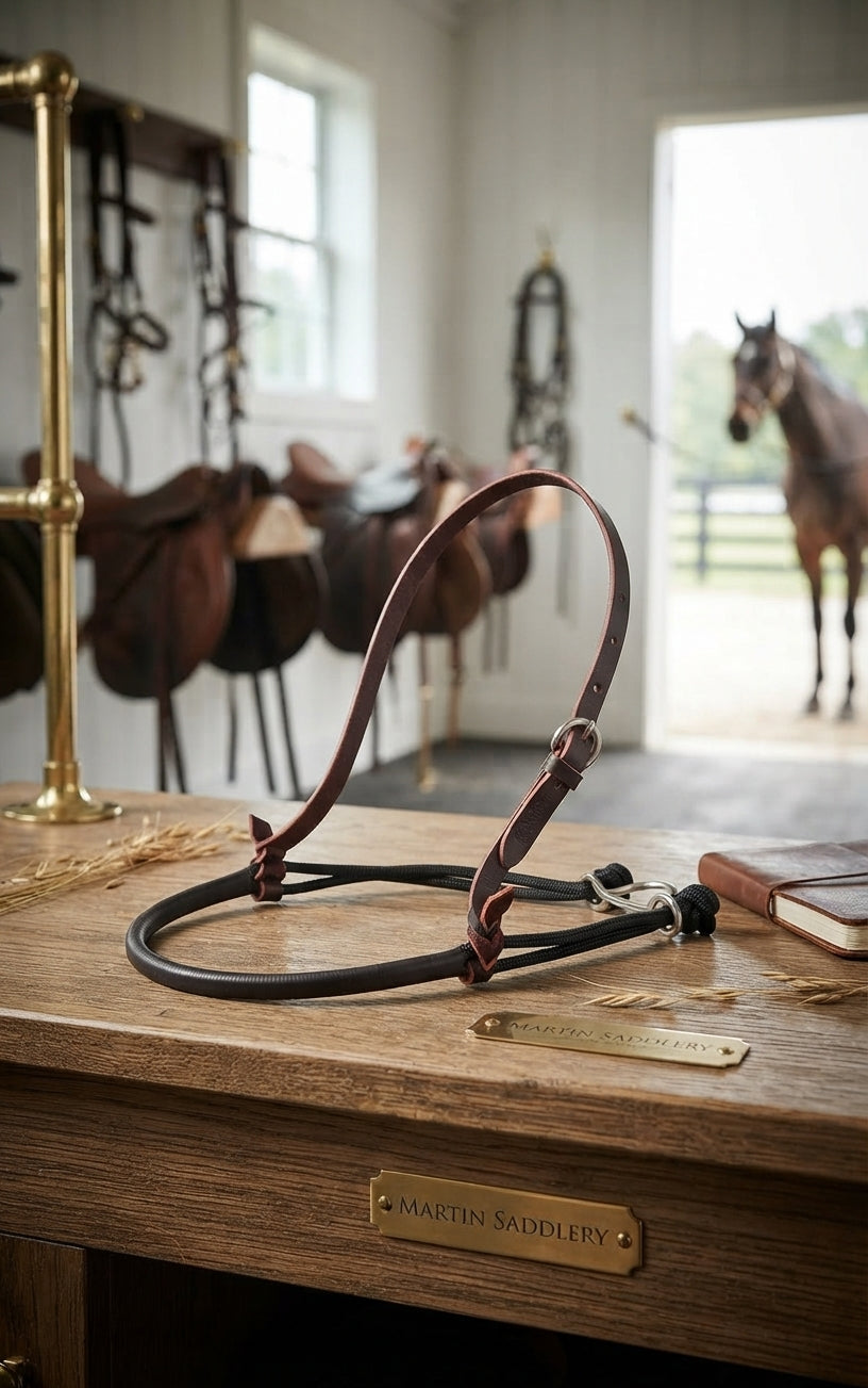 Lifestyle photo of Martin Saddlery Nylon Rope Shrink Wrap Noseband - Latigo Leather Hanger - Adjustable Fit