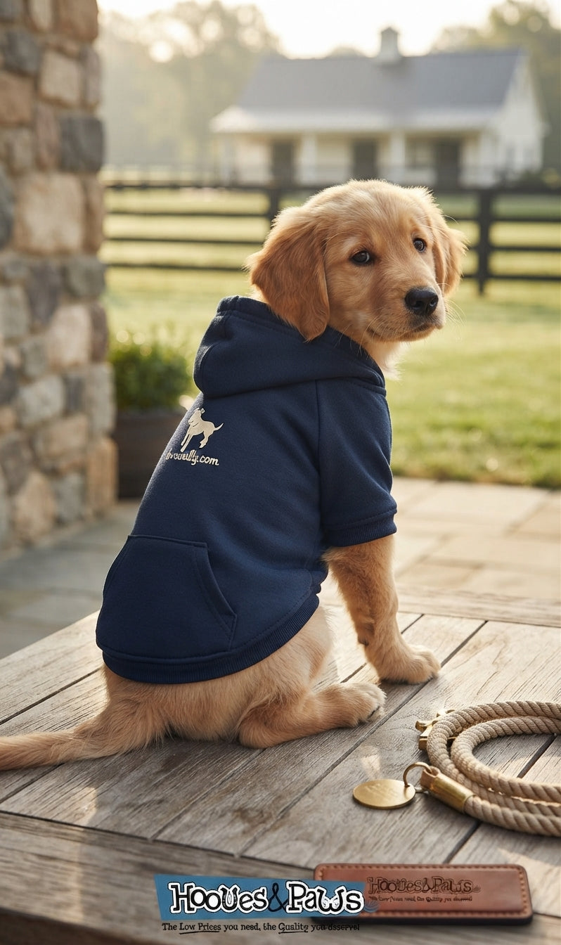 Lifestyle photo of Lovewally Dog Pet Hoodie Sweatshirt - Navy Blue Lightweight Cotton-Poly Blend Jacket - Multiple Sizes