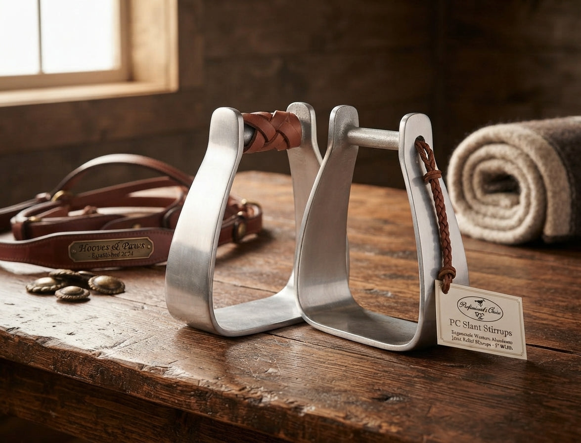 Lifestyle photo of Professional's Choice PC Slant Stirrups - Ergonomic Western Aluminum Joint Relief Riding Stirrups - 5" Width