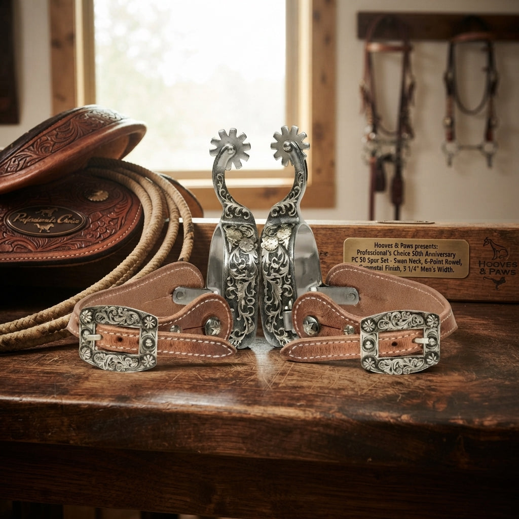 Lifestyle photo of Professional's Choice 50th Anniversary PC 50 Spur Set - Swan Neck, 6-Point Rowel, Gunmetal Finish, 3 1/4" Men's Width
