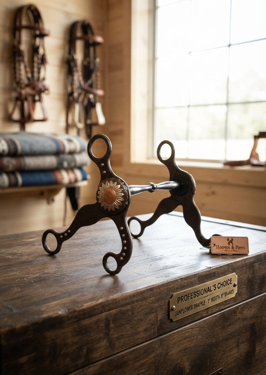 Lifestyle photo of Professional's Choice Sunflower Snaffle Rust Western Horse Bit - 5" Mouth, 8" Shanks, Natural Rust Finish