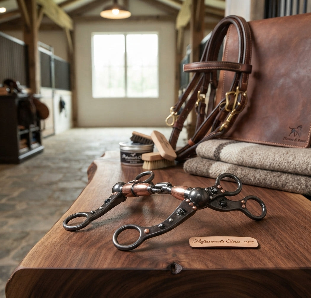 Lifestyle photo of Professional's Choice PC DOT Shank Hinged Port Horse Bit - 5 1/4" Mouth, 6" Cheek, 3/4" Port, Copper Accents