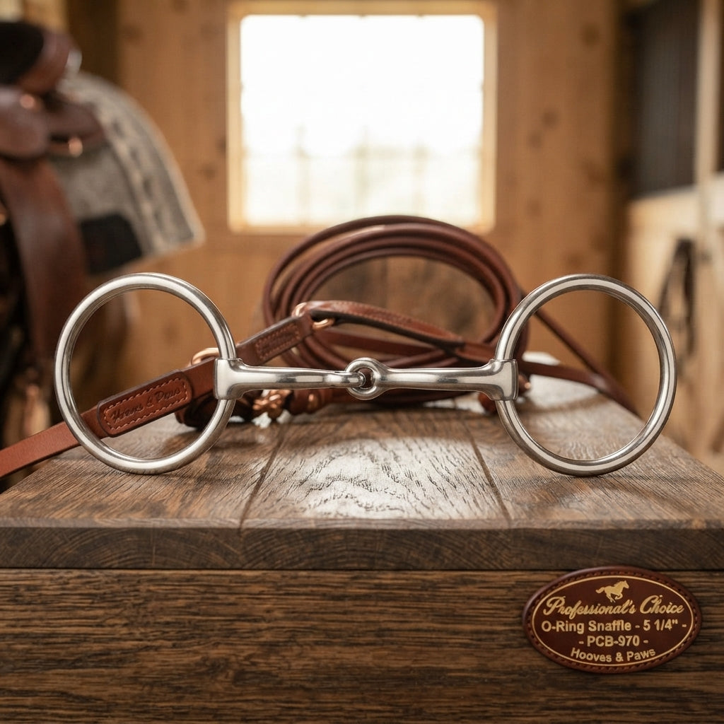 Lifestyle photo of Professional's Choice O-Ring Snaffle Horse Bit - 5 1/4" Mouthpiece, 2 1/2" Rings, 5/16" Diameter - PCB-970
