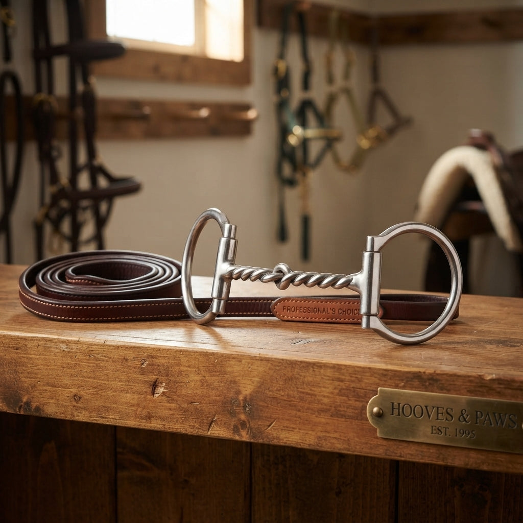 Lifestyle photo of Professional's Choice D-Ring Twisted Wire Snaffle Horse Bit - 5 1/4" Stainless Steel, 5/16" Mouthpiece, 2 1/2" Rings