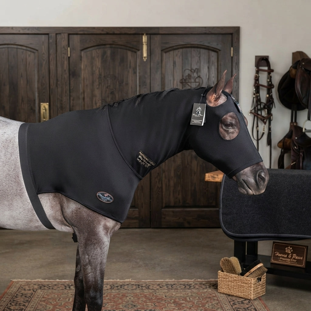 Lifestyle photo of Professional's Choice 400g Heavyweight Lycra Horse Hoodie Sleazy - Black - Size Large (78"-82")