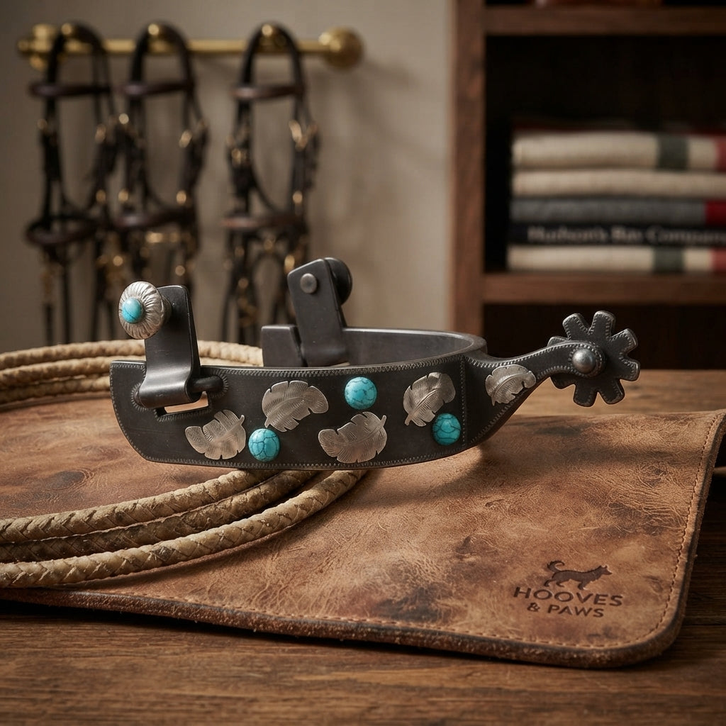 Lifestyle photo of Professional's Choice Turquoise Feather Western Spurs - 1" Band, 1 3/4" Shank, 8-Point Rowel