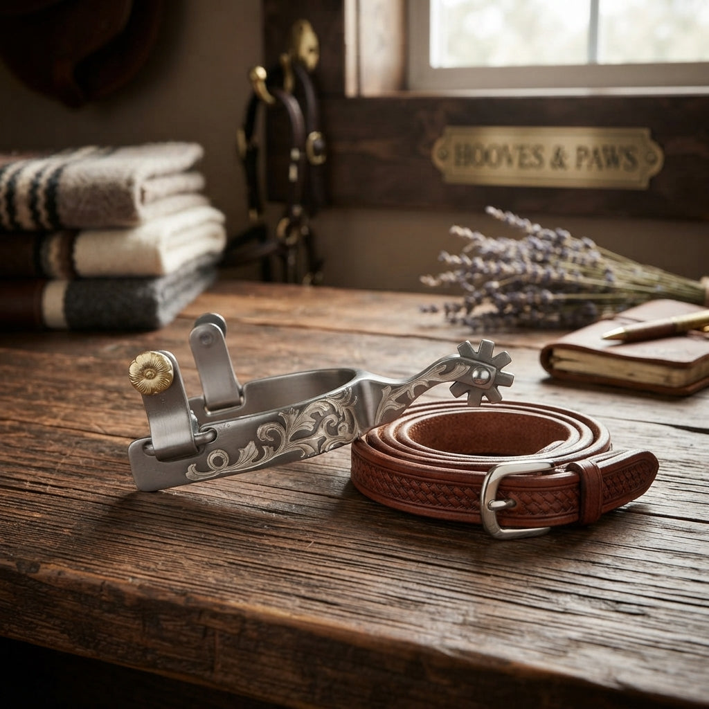Lifestyle photo of Professional's Choice 3/4" Floral Engraved Western Horse Spurs - 2 1/4" Shank, 8-Point Rowel, Stainless Steel