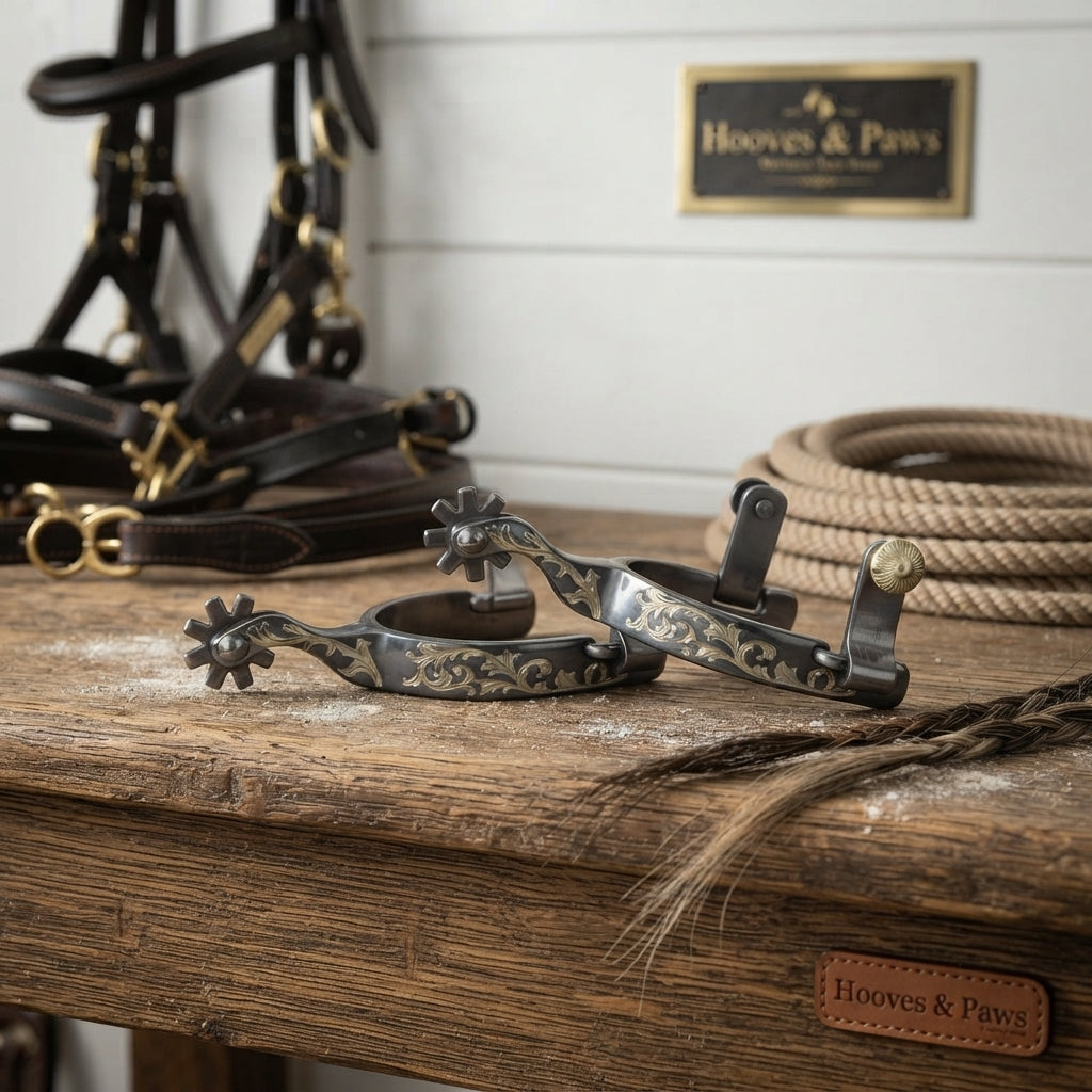 Lifestyle photo of Professional's Choice Floral Engraved Western Spurs - 1/2" Band, 2 1/4" Shank, 8-Point Blunt Rowel, Silver Overlay