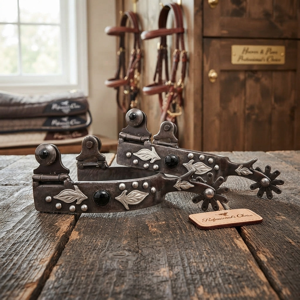 Lifestyle photo of Professional's Choice Black Feather Spurs - Men's Fit, 1 7/8" Shank, 10-Point Rowel, 1" Band, 2 7/8" Width