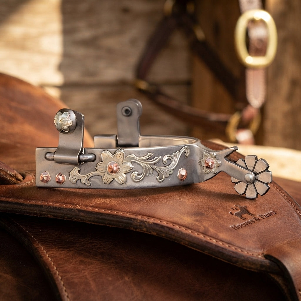 Lifestyle photo of Professional's Choice Floral Ladies Spurs - 1-3/4" Shank, 8-Point Blunt Rowel with Copper Accents