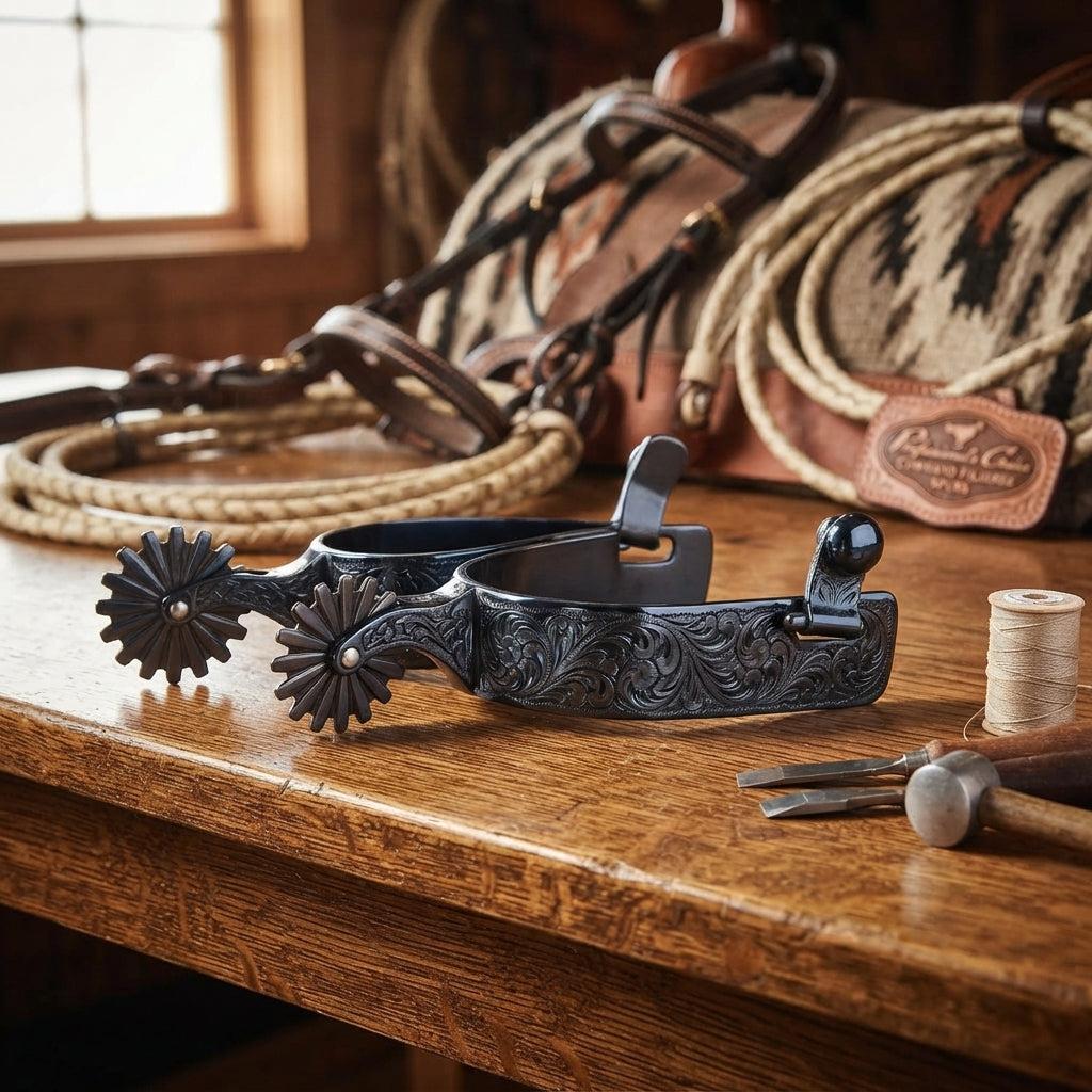 Lifestyle photo of Professional's Choice Cowhand Floral Filigree Spurs - Polished Steel, 3" Shank, 20pt Rowel, 1 1/4" Band, 3 1/4" Boot Width