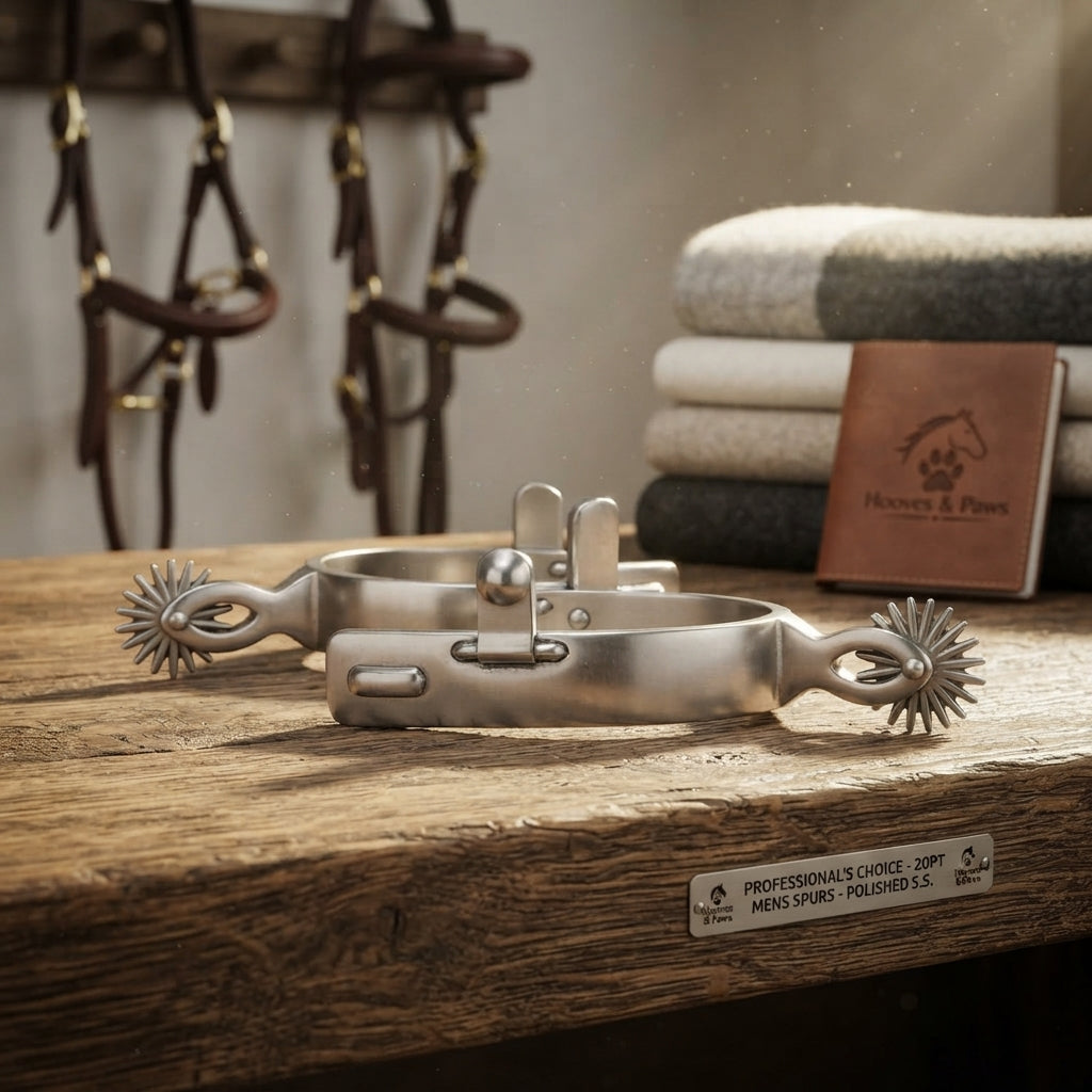 Lifestyle photo of Professional's Choice 20pt Mens Spurs - Polished Stainless Steel, 1" Band, 2 1/4" Shank, 3 1/4" Boot Width