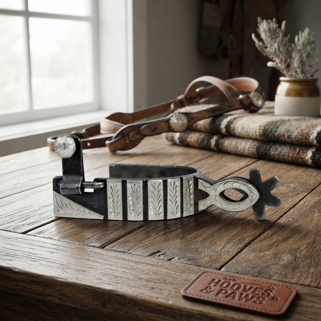 Lifestyle photo of Professional's Choice Silver Bar Spurs - 6 Point Rowel, Chihuahua Shank, 1" Band, 2 1/4" Shank, 3 1/4" Boot Width