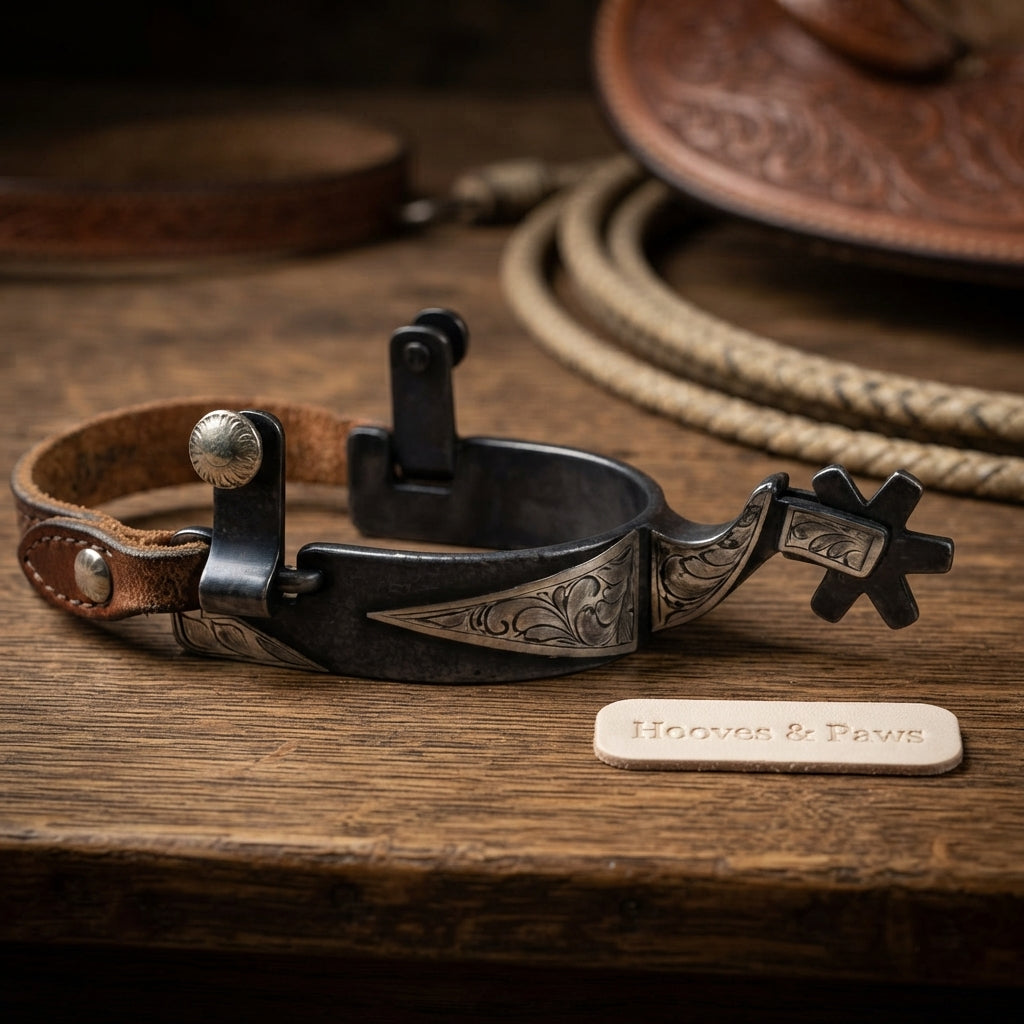 Lifestyle photo of Professional's Choice Engraved Scroll Western Spurs - 1" Band, 2 1/4" Shank, 6-Point Rowel