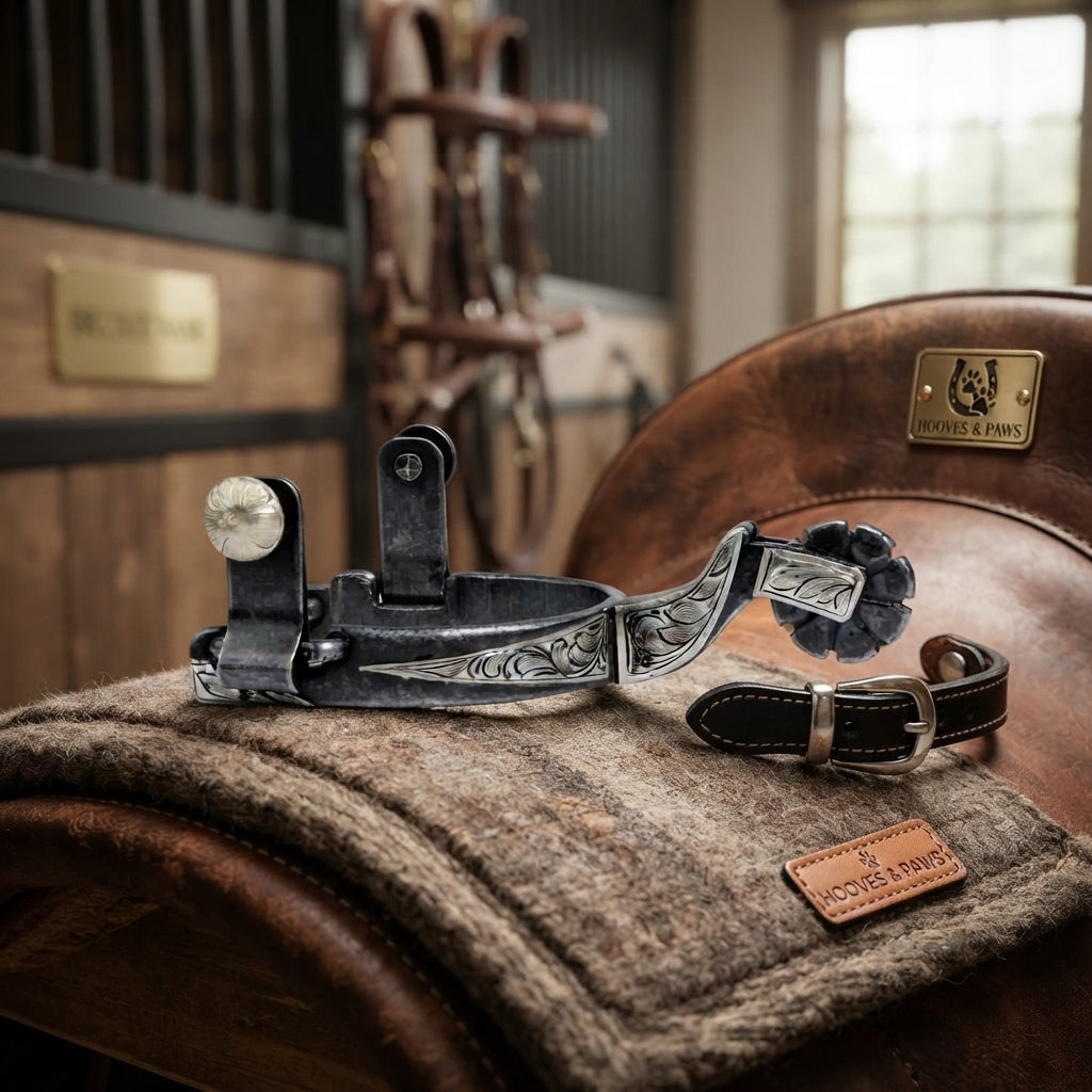 Lifestyle photo of Professional's Choice Western Spurs with Silver Accents - 1/2 Inch Band, 8 Point Rowel, 2 1/2 Inch Boot Width