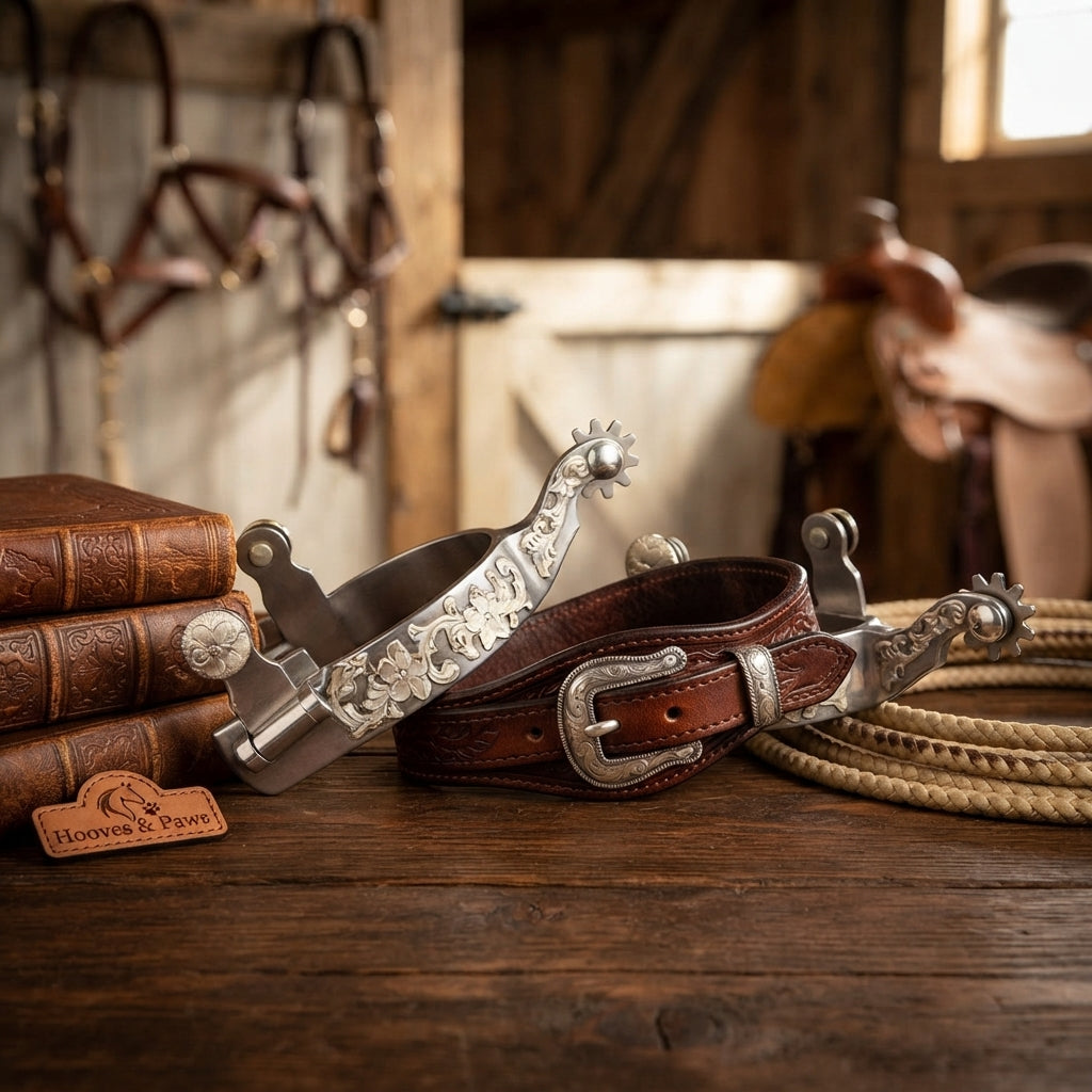 Lifestyle photo of Professional's Choice Floral Shank Spurs - Silver Engraved Western Spurs, 1 3/4" Shank, 10-Point Rowel, 2 1/2" Boot Width