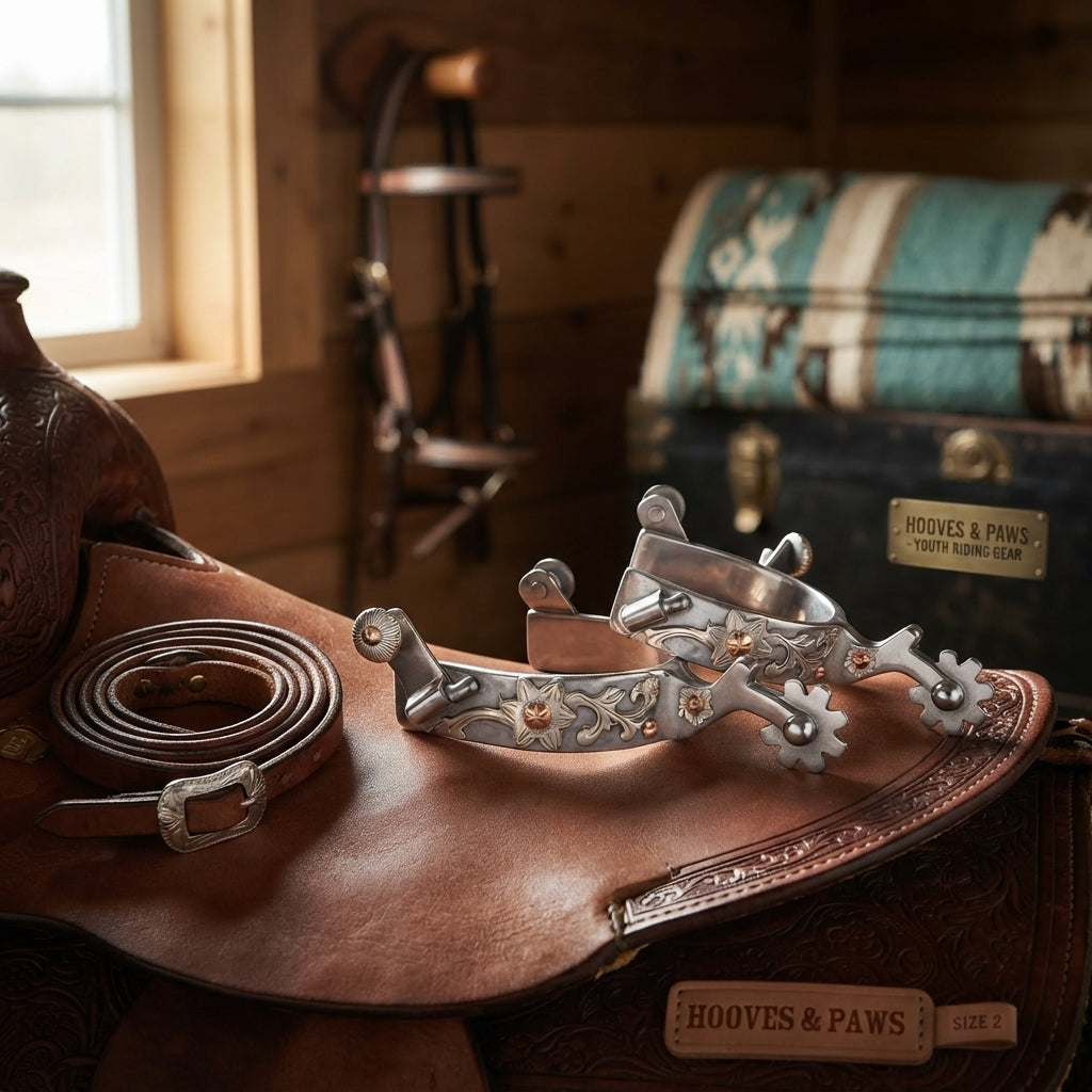 Lifestyle photo of Professional's Choice Youth Silver Western Riding Spurs for Young Equestrians - Size 2