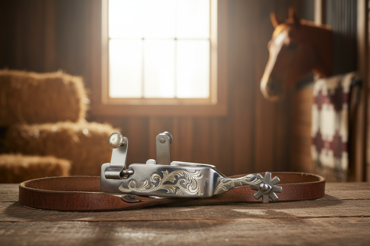 Professional's Choice PC 1 Floral Engraved Western Spurs - 1" Band, 2 1/4" Shank, 8-Point Rowel, 3 1/4" Width