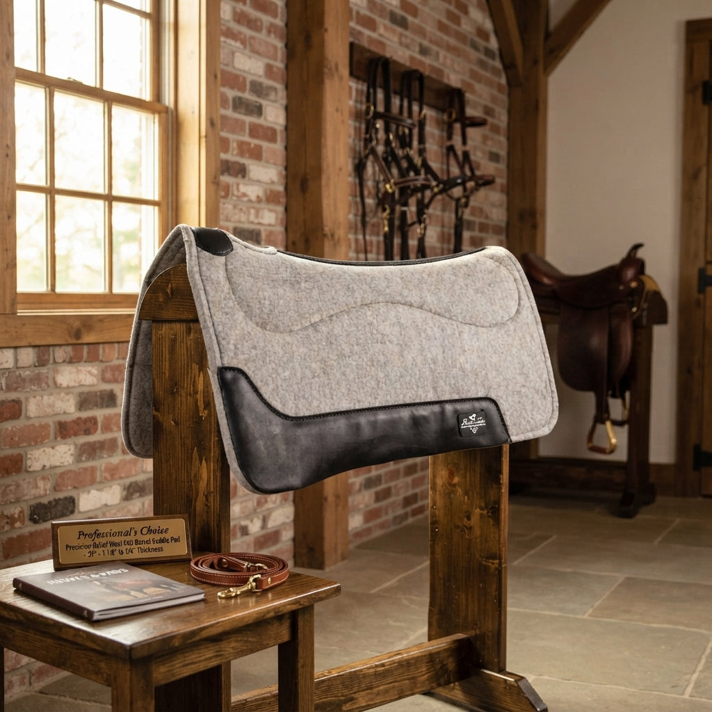 Lifestyle photo of Professional's Choice Precision Relief Wool Felt Barrel Saddle Pad - 29" - 1 1/8" to 3/4" Thickness