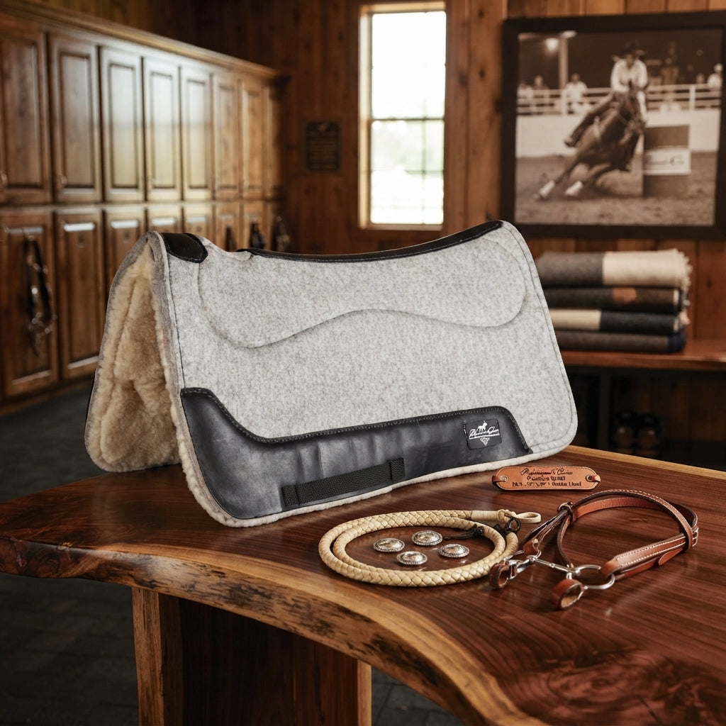 Lifestyle photo of Professional's Choice Precision Relief Deluxe (DLX) Felt Barrel Racing Saddle Pad - 29" x 30" - 1 1/8" - Merino Lining