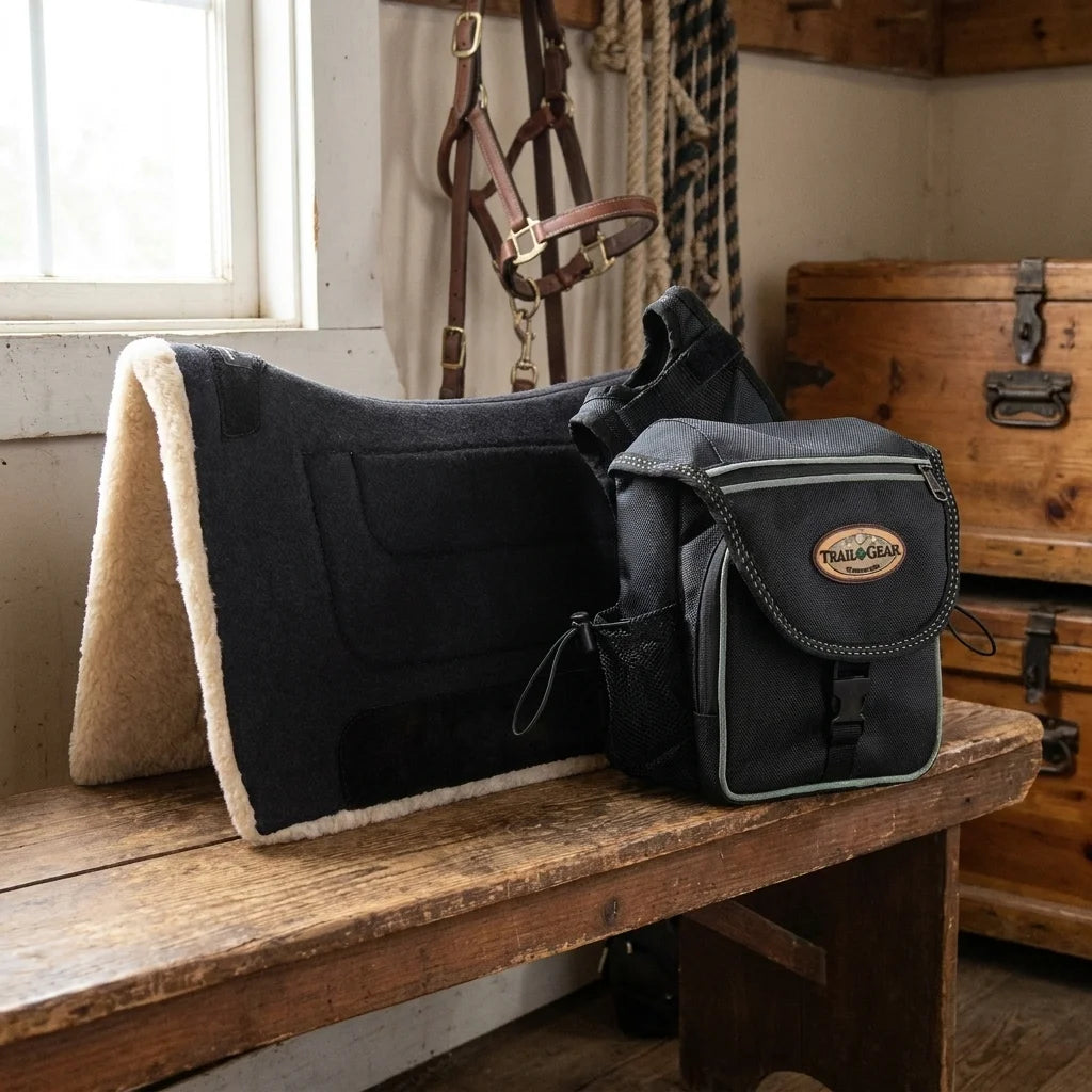 Fall Trail Comfort Kit - Classic Equine Performance Trainer Pad & Weaver Pommel Bag - styled in a tack room