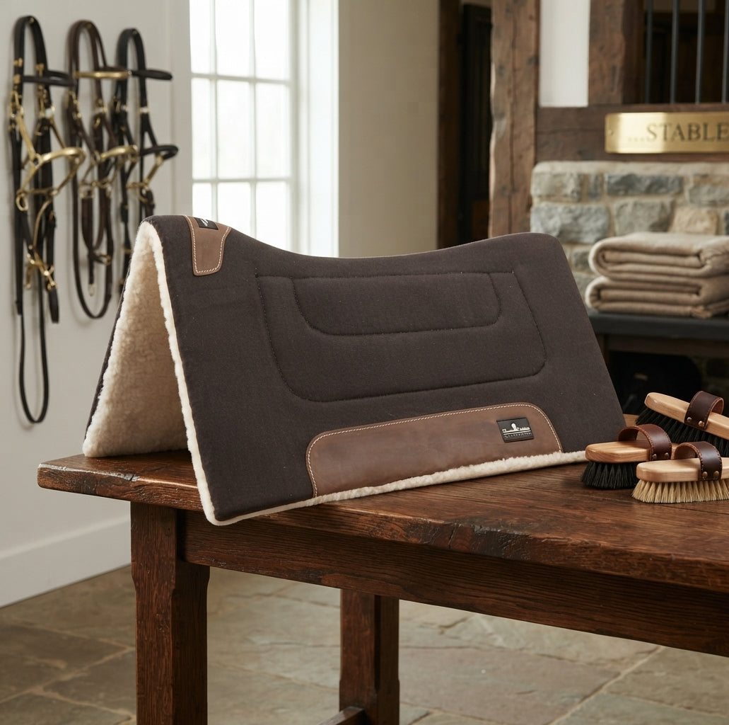 Lifestyle photo of Classic Equine Performance Trainer Western Saddle Pad - Black - 3/4" Wool Felt Center, 100% Merino Fleece, Contoured