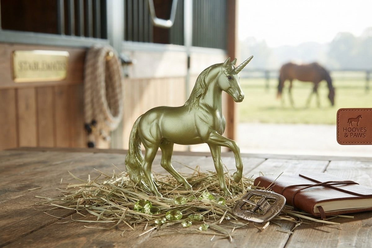 Lifestyle photo of Breyer Unicorn Treasures Stablemates 1:32 Scale Model Horse #6928 - Peridot Gemstone Hue, 3-3.5"