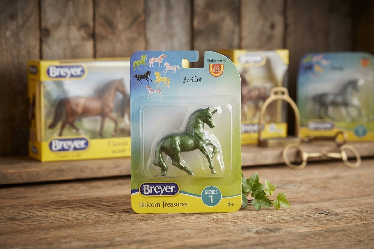 Lifestyle photo of Breyer Unicorn Treasures Stablemates 1:32 Scale Model Horse #6928 - Peridot Gemstone Hue, 3-3.5"