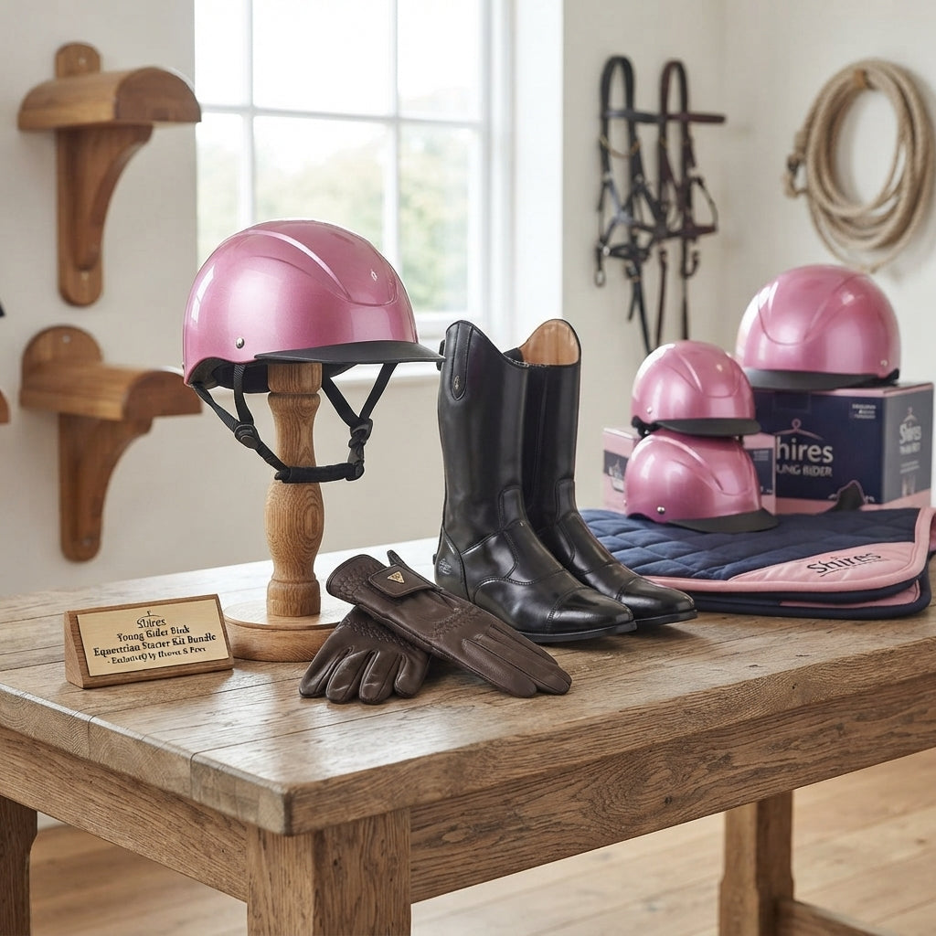 Lifestyle photo of Shires Young Rider Pink Equestrian Starter Kit Bundle - Karben Helmet, Shires Gloves, Moretta Boots - Multiple Sizes