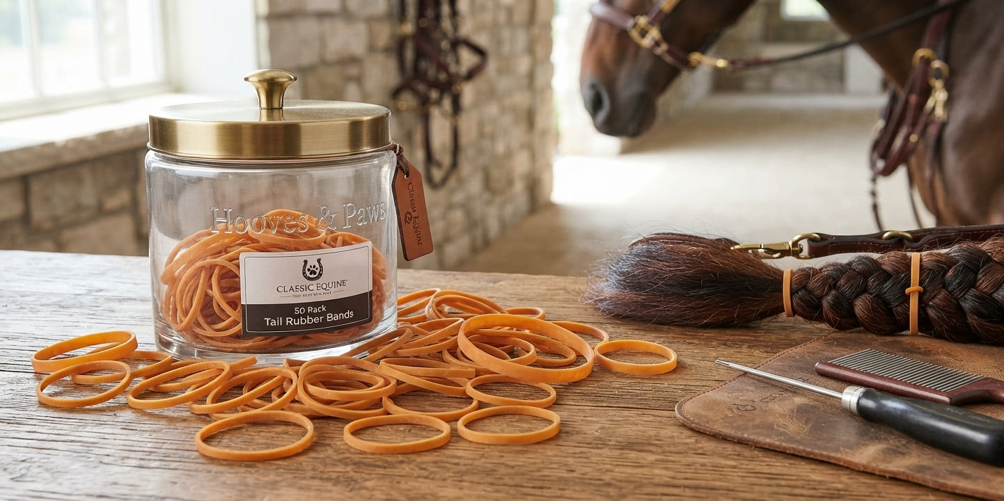 Lifestyle photo of Classic Equine 50 Pack Tail Rubber Bands - Durable Horse Braiding & Banding Bands with Storage Tub