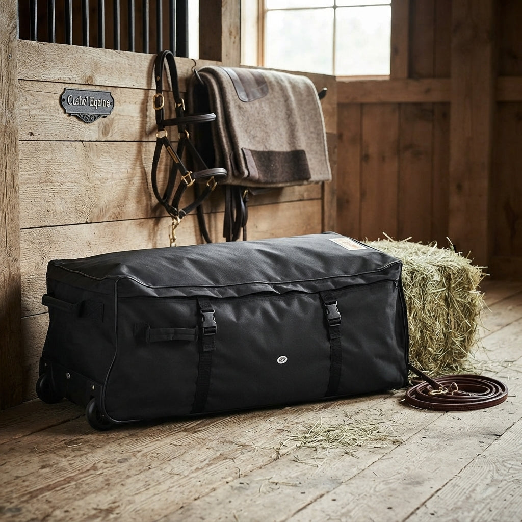 Lifestyle photo of Cashel Rolling Hay Bale Bag – 3-String Capacity with Wheels